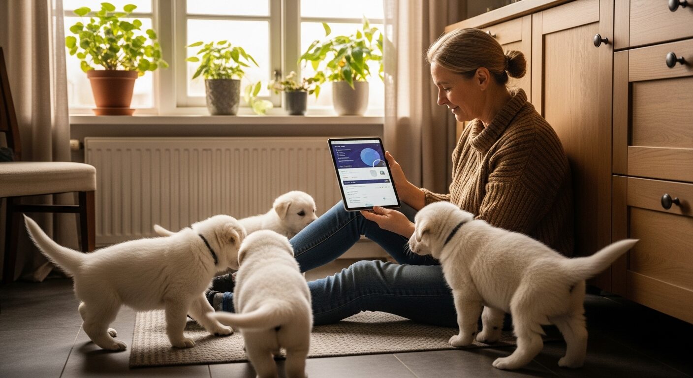 Éleveuse consultant une tablette pour suivre des données de portée
