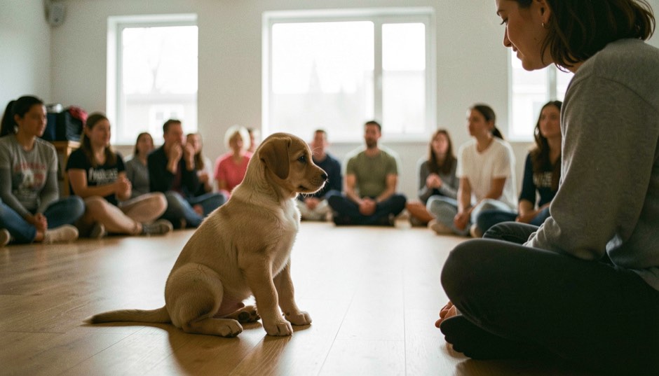 Un chiot attentif assis face à son humain pendant un cours collectif en salle claire, laisse détendue posée au sol