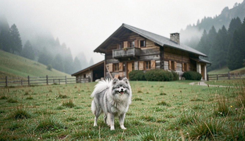 Ferme de montagne dans la brume du matin, avec un chien de type spitz gris debout dans un pré enherbé devant le bâtiment