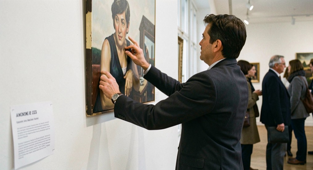 Un galeriste en veste sombre accrochant un tableau sur le mur blanc d'une galerie parisienne, un cartel posé à côté
